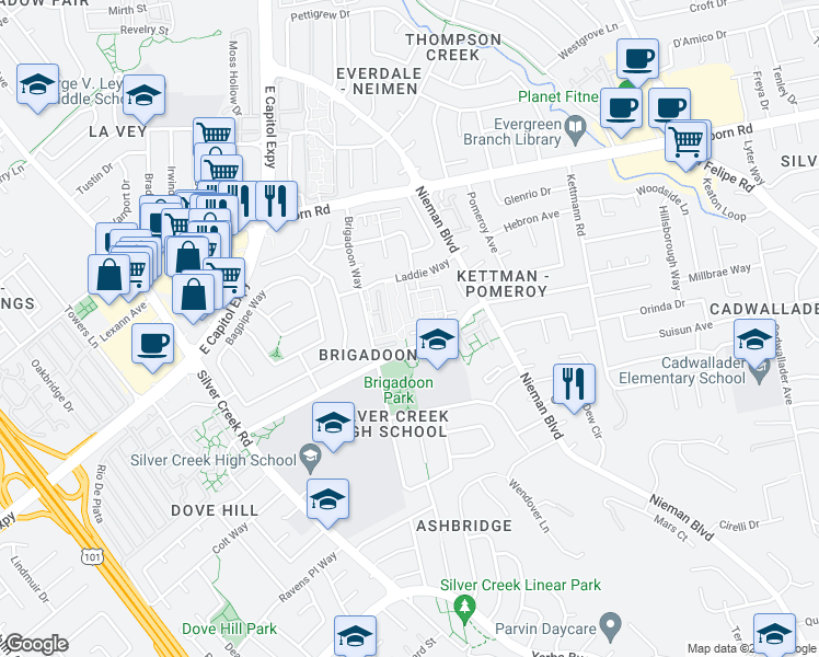 map of restaurants, bars, coffee shops, grocery stores, and more near 1983 Uphall Court in San Jose