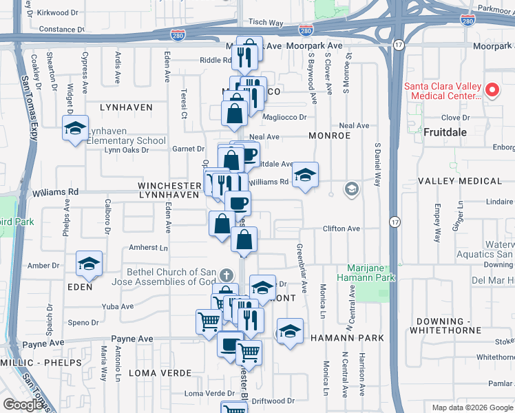 map of restaurants, bars, coffee shops, grocery stores, and more near 3070 Van Sansul Avenue in San Jose