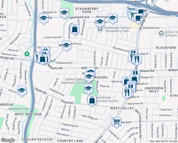 map of restaurants, bars, coffee shops, grocery stores, and more near 4693 Blanco Drive in San Jose