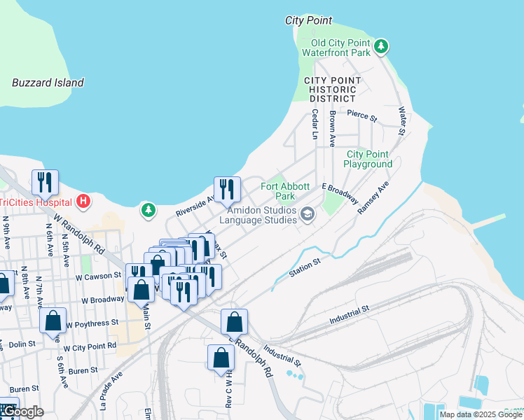 map of restaurants, bars, coffee shops, grocery stores, and more near 600 East Cawson Street in Hopewell