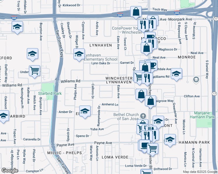 map of restaurants, bars, coffee shops, grocery stores, and more near 3324 Walton Way in San Jose