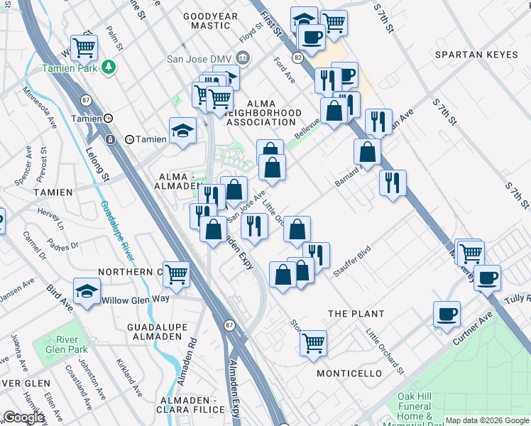 map of restaurants, bars, coffee shops, grocery stores, and more near 1655 Little Orchard Street in San Jose