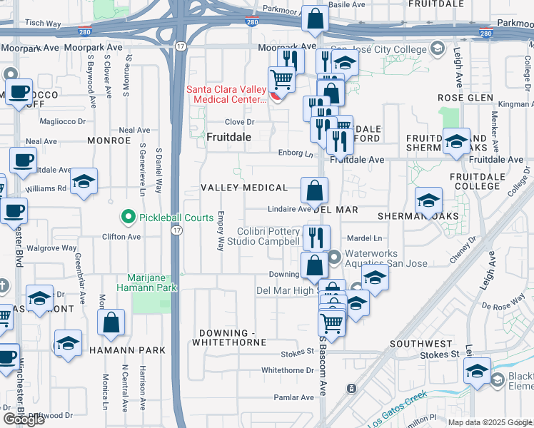 map of restaurants, bars, coffee shops, grocery stores, and more near 2344 Lindaire Avenue in San Jose