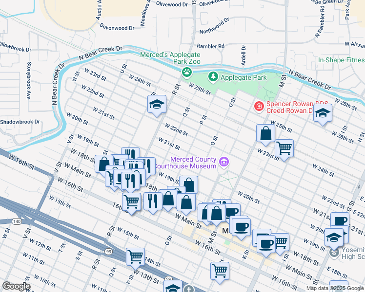 map of restaurants, bars, coffee shops, grocery stores, and more near 925 West 21st Street in Merced
