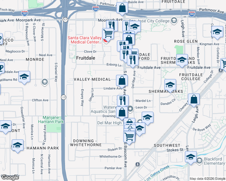 map of restaurants, bars, coffee shops, grocery stores, and more near 2270 Lindaire Avenue in San Jose