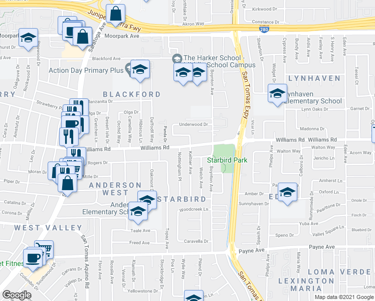 map of restaurants, bars, coffee shops, grocery stores, and more near 3806 Williams Road in San Jose