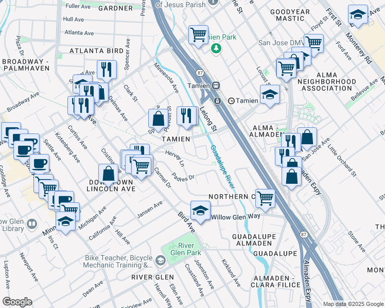 map of restaurants, bars, coffee shops, grocery stores, and more near 1473 Alma Loop in San Jose