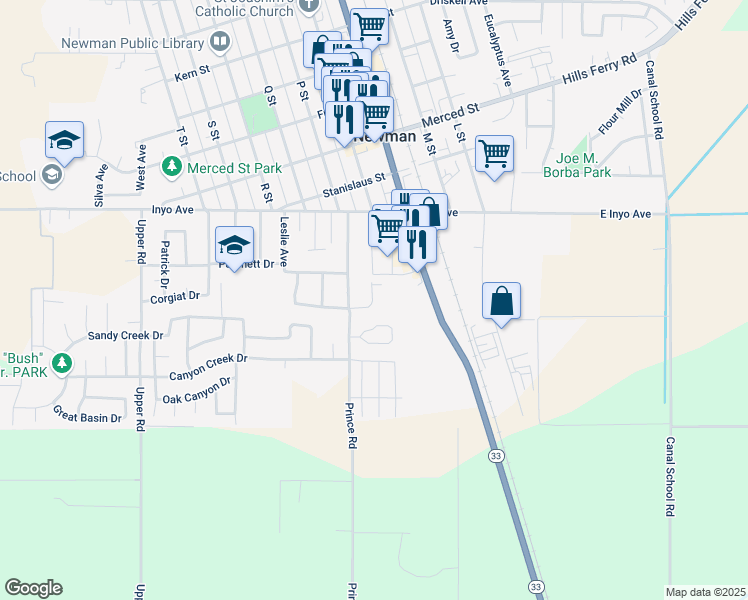 map of restaurants, bars, coffee shops, grocery stores, and more near 2030 Prince Street in Newman