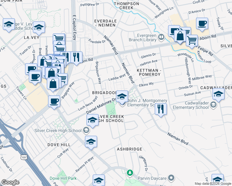 map of restaurants, bars, coffee shops, grocery stores, and more near 3369 Methilhaven Lane in San Jose