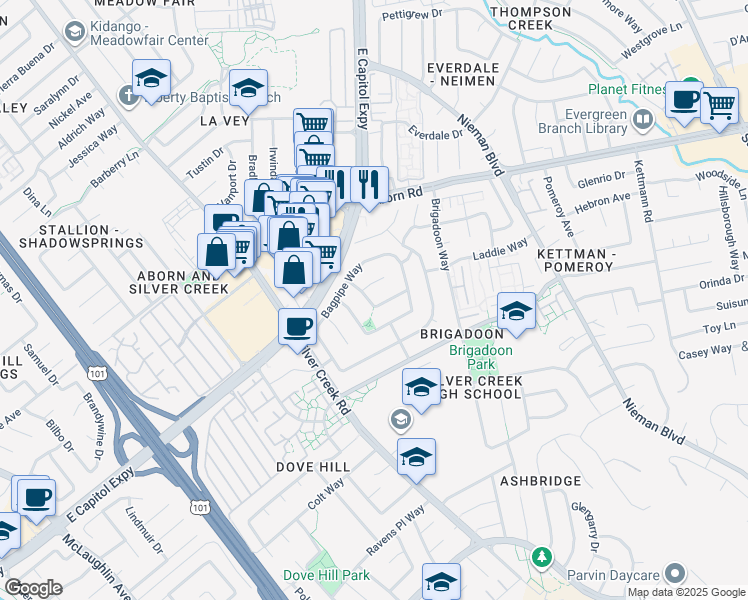 map of restaurants, bars, coffee shops, grocery stores, and more near 1857 Macduee Way in San Jose