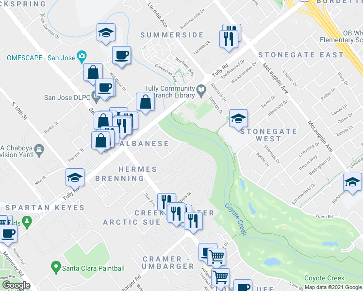 map of restaurants, bars, coffee shops, grocery stores, and more near 2467 La Ragione Avenue in San Jose
