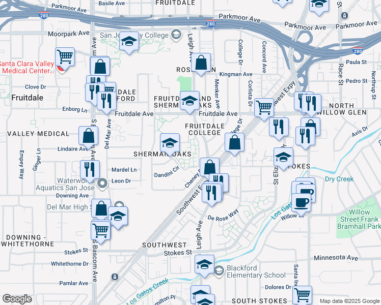 map of restaurants, bars, coffee shops, grocery stores, and more near 943 Willowleaf Drive in San Jose