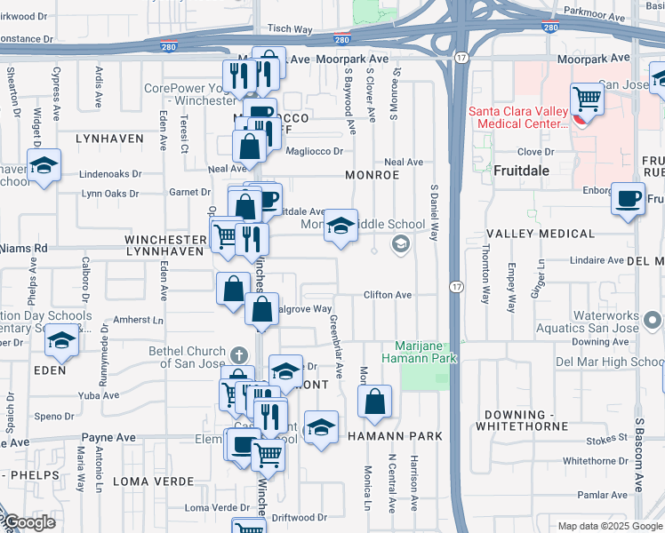 map of restaurants, bars, coffee shops, grocery stores, and more near 2980 Van Sansul Avenue in San Jose