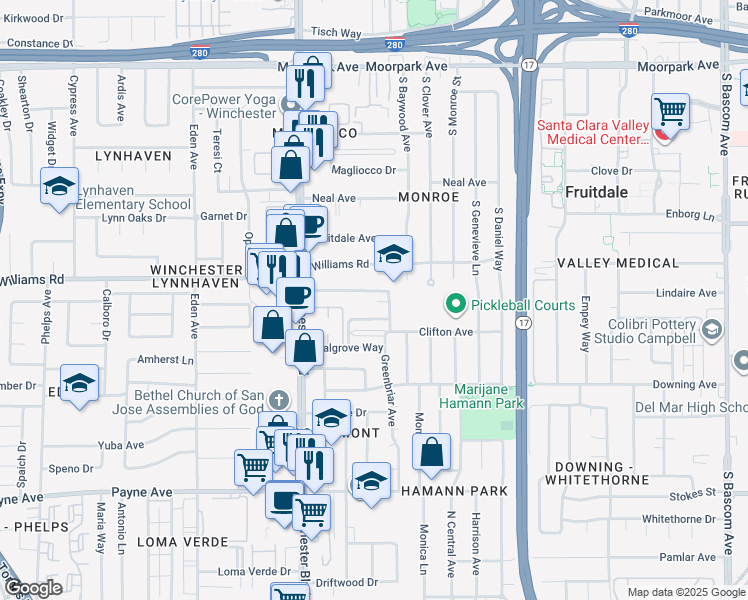 map of restaurants, bars, coffee shops, grocery stores, and more near 2980 Van Sansul Avenue in San Jose