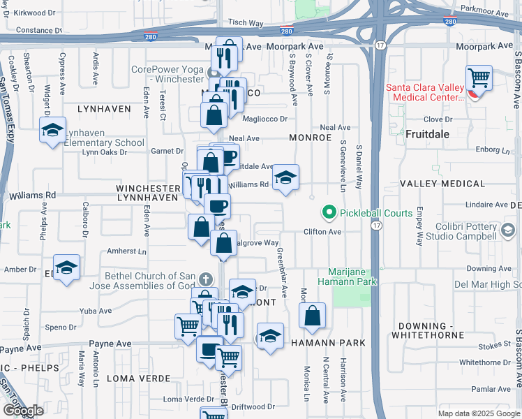 map of restaurants, bars, coffee shops, grocery stores, and more near 2980 Van Sansul Avenue in San Jose
