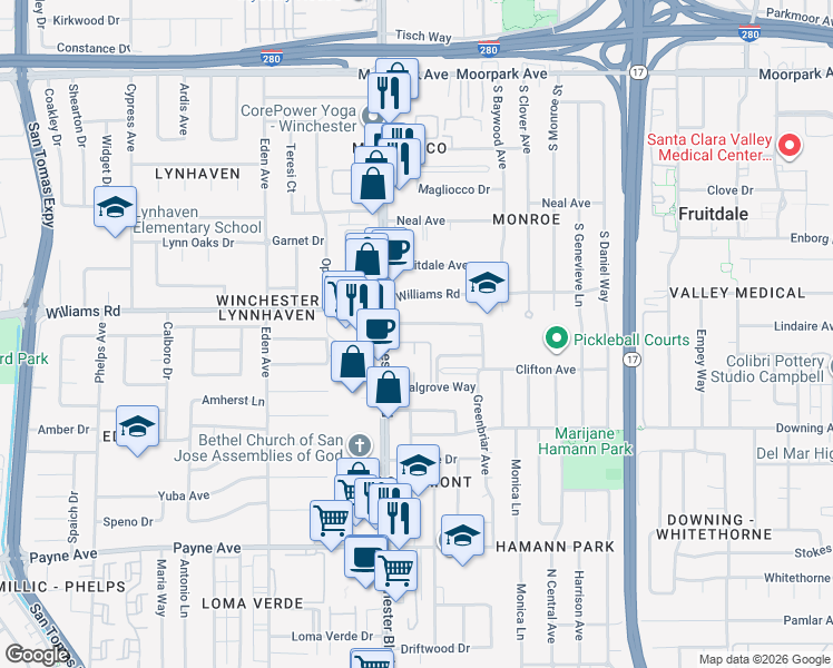 map of restaurants, bars, coffee shops, grocery stores, and more near 3046 Van Sansul Avenue in San Jose