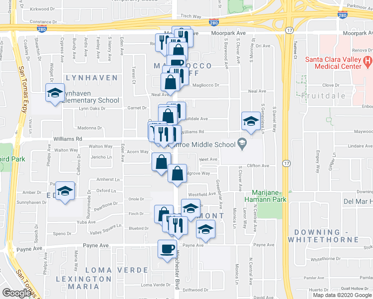 map of restaurants, bars, coffee shops, grocery stores, and more near 3046 Van Sansul Avenue in San Jose