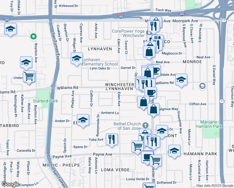 map of restaurants, bars, coffee shops, grocery stores, and more near 3241 Acorn Way in San Jose
