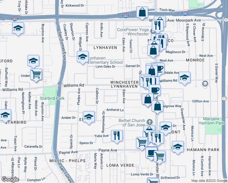 map of restaurants, bars, coffee shops, grocery stores, and more near 3324 Walton Way in San Jose