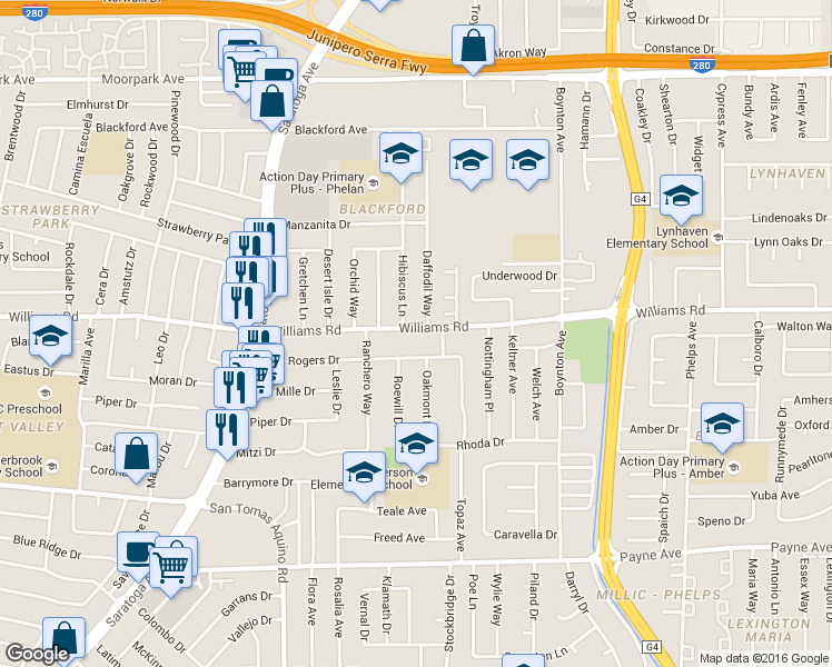map of restaurants, bars, coffee shops, grocery stores, and more near 3982 Williams Road in San Jose