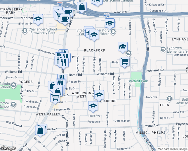 map of restaurants, bars, coffee shops, grocery stores, and more near 4010 Williams Road in San Jose