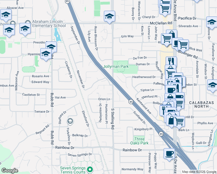 map of restaurants, bars, coffee shops, grocery stores, and more near 7704 Orogrande Place in Cupertino