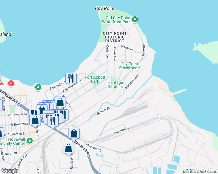 map of restaurants, bars, coffee shops, grocery stores, and more near 806 East Poythress Street in Hopewell