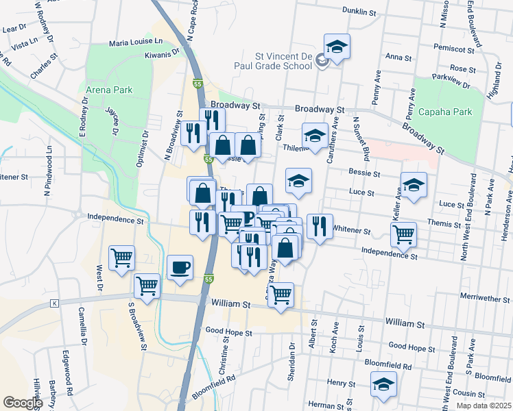map of restaurants, bars, coffee shops, grocery stores, and more near 111 Clark Street in Cape Girardeau