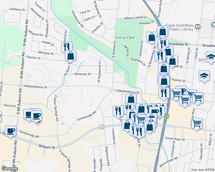 map of restaurants, bars, coffee shops, grocery stores, and more near 11 East Rodney Drive in Cape Girardeau