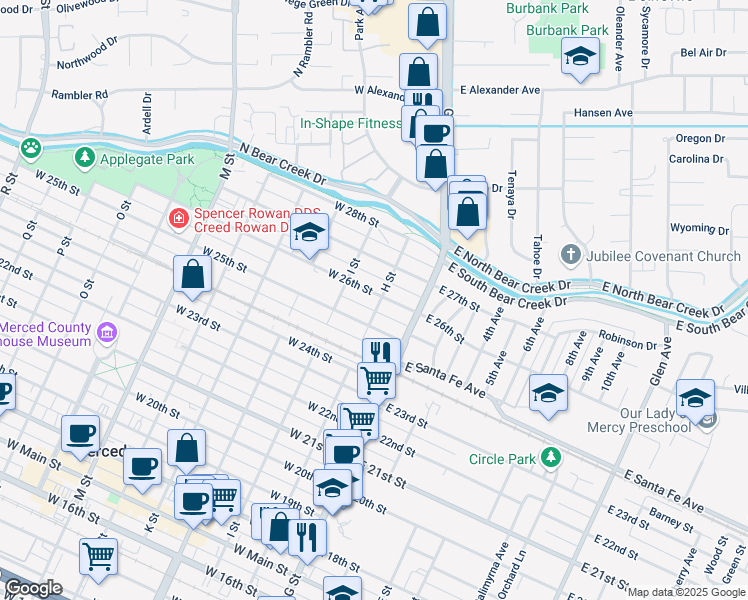 map of restaurants, bars, coffee shops, grocery stores, and more near 104 West 26th Street in Merced