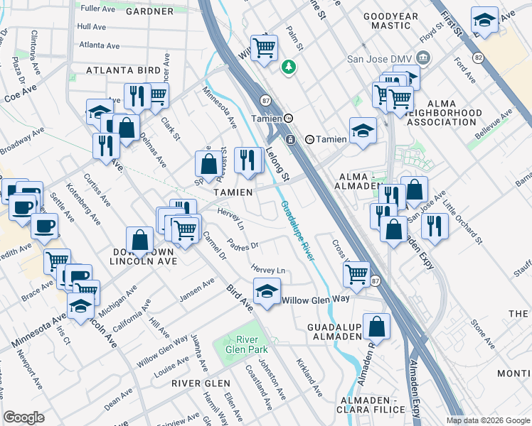 map of restaurants, bars, coffee shops, grocery stores, and more near 1523 Alma Terrace in San Jose