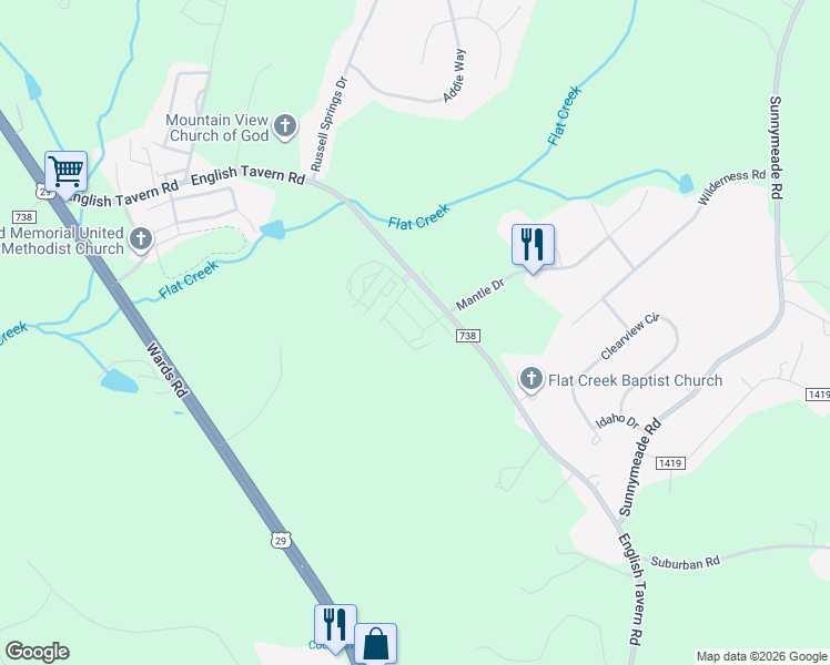 map of restaurants, bars, coffee shops, grocery stores, and more near 15 Jasper Circle in Lynchburg