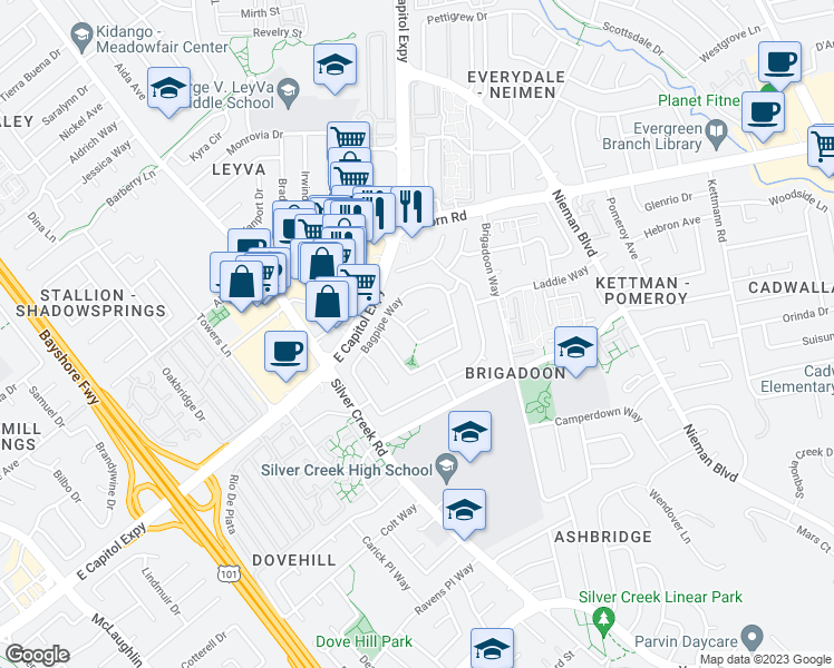 map of restaurants, bars, coffee shops, grocery stores, and more near 1857 Macduee Way in San Jose