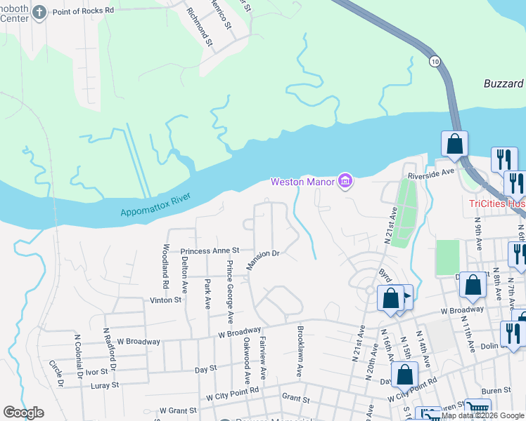 map of restaurants, bars, coffee shops, grocery stores, and more near 521 Central Terrace in Hopewell