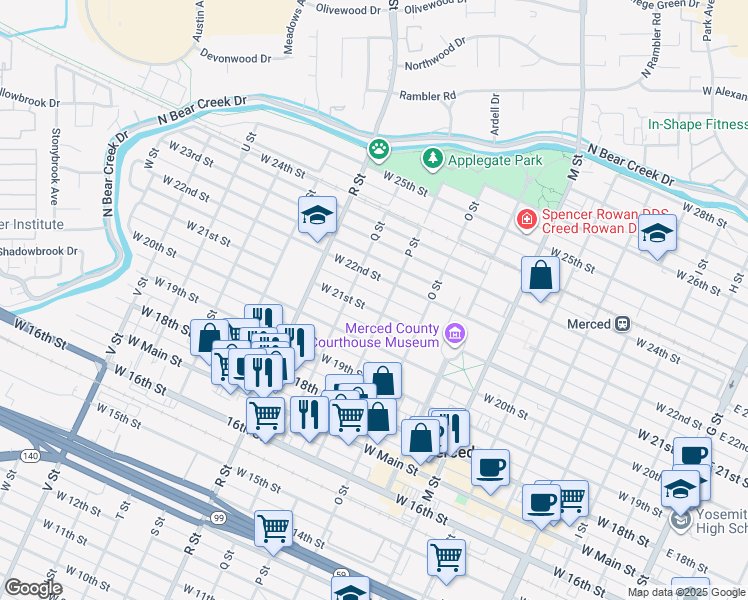 map of restaurants, bars, coffee shops, grocery stores, and more near 921 West 21st Street in Merced