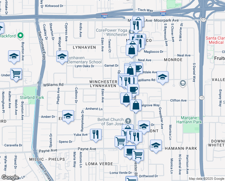 map of restaurants, bars, coffee shops, grocery stores, and more near 3201 Acorn Way in San Jose