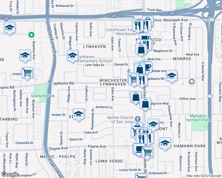 map of restaurants, bars, coffee shops, grocery stores, and more near 3241 Acorn Way in San Jose