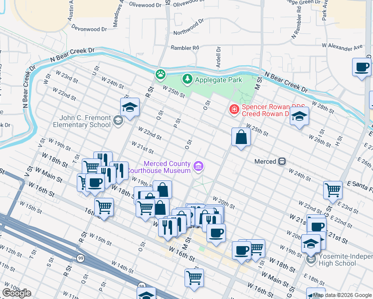 map of restaurants, bars, coffee shops, grocery stores, and more near West 22nd Street in Merced