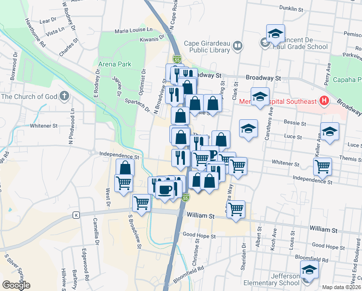 map of restaurants, bars, coffee shops, grocery stores, and more near 105 Clark Street in Cape Girardeau