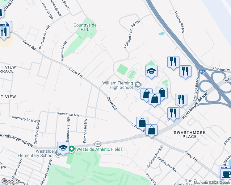 map of restaurants, bars, coffee shops, grocery stores, and more near 3533 Ferncliff Avenue Northwest in Roanoke
