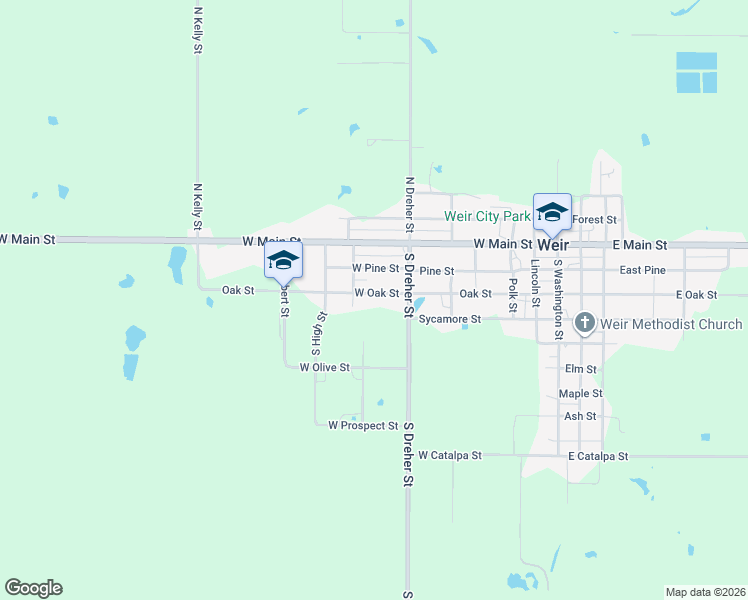 map of restaurants, bars, coffee shops, grocery stores, and more near 610-612 W Oak St in Weir