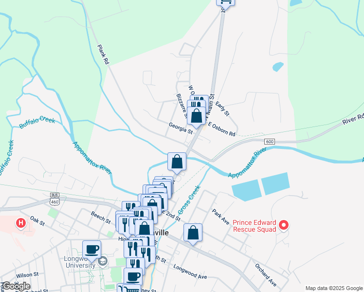 map of restaurants, bars, coffee shops, grocery stores, and more near 105 Old Plank Road in Farmville