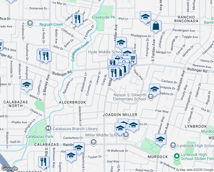 map of restaurants, bars, coffee shops, grocery stores, and more near 1031 Miller Avenue in San Jose