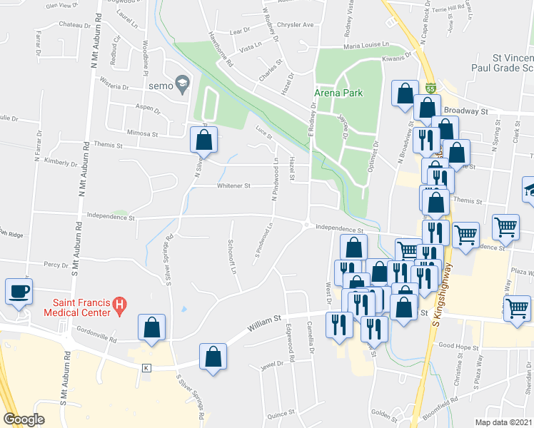 map of restaurants, bars, coffee shops, grocery stores, and more near 2802 Independence Street in Cape Girardeau