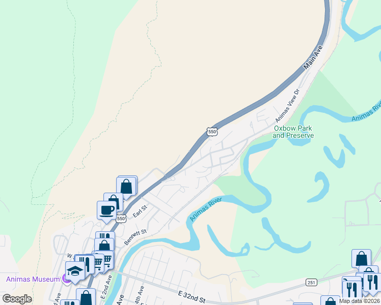 map of restaurants, bars, coffee shops, grocery stores, and more near 3901 Main Avenue in Durango
