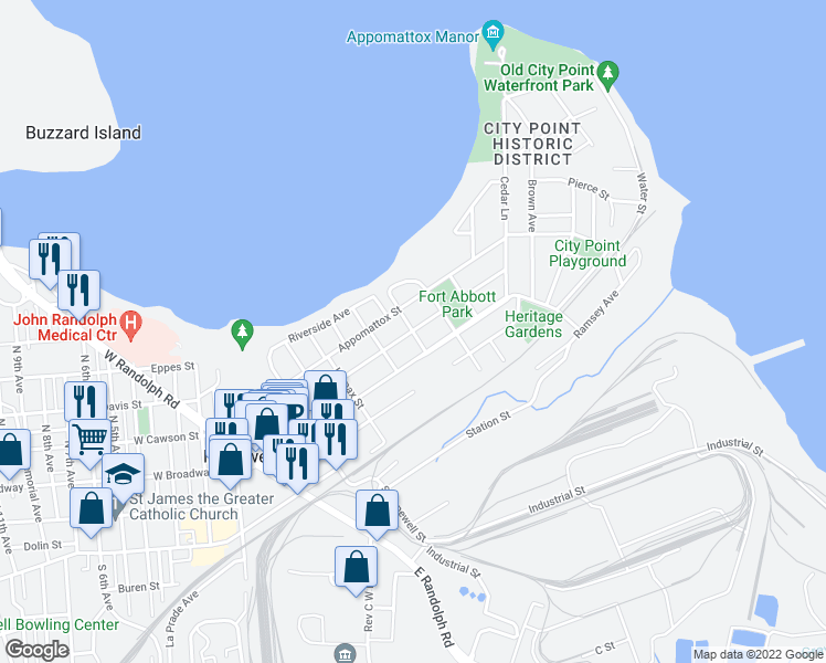 map of restaurants, bars, coffee shops, grocery stores, and more near 399 Bonaccord Street in Hopewell