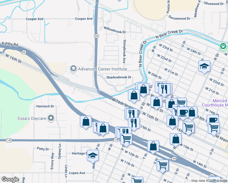 map of restaurants, bars, coffee shops, grocery stores, and more near 1705 West North Bear Creek Drive in Merced