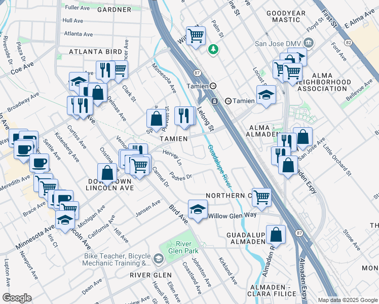 map of restaurants, bars, coffee shops, grocery stores, and more near 579 Falcon Place in San Jose