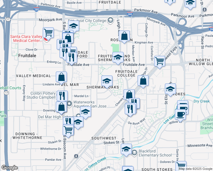 map of restaurants, bars, coffee shops, grocery stores, and more near in San Jose