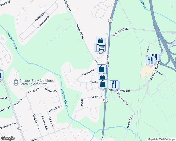 map of restaurants, bars, coffee shops, grocery stores, and more near 2804 Tinstree Drive in Colonial Heights